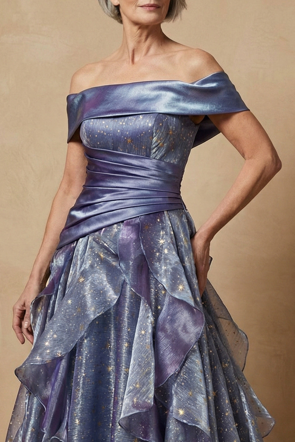 Sparkly Dusty Blue Off the Shoulder Ruffled Long Glitter Prom Dress Mother of the Bride Dress