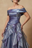 Sparkly Dusty Blue Off the Shoulder Ruffled Long Glitter Prom Dress Mother of the Bride Dress