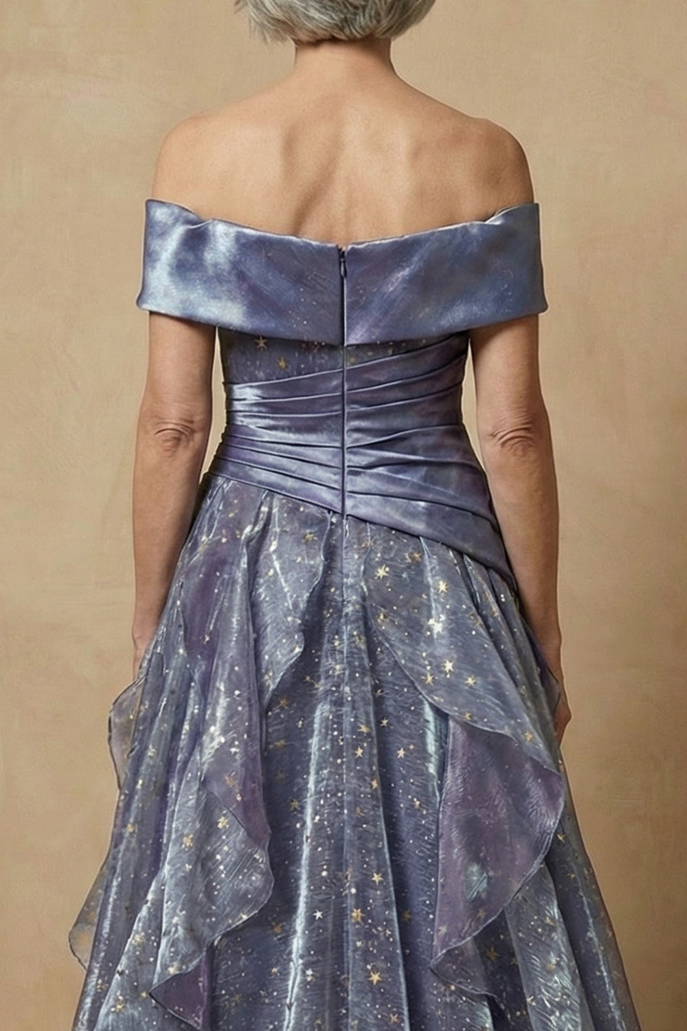 Sparkly Dusty Blue Off the Shoulder Ruffled Long Glitter Prom Dress Mother of the Bride Dress