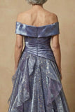 Sparkly Dusty Blue Off the Shoulder Ruffled Long Glitter Prom Dress Mother of the Bride Dress