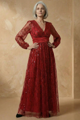 Sparkly Burgundy Sequin V Neck A Line Long Mother of the Bride Dress