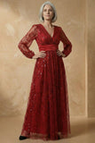 Sparkly Burgundy Plus Size V Neck Sequin A Line Long Mother of the Bride Dress