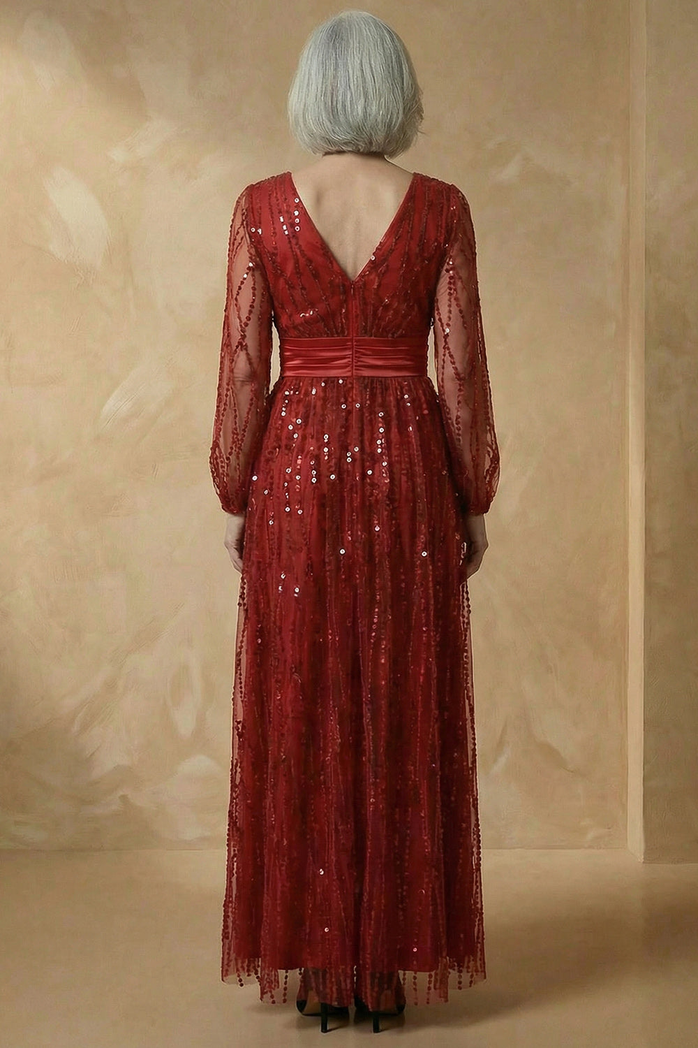 Sparkly Burgundy Plus Size V Neck Sequin A Line Long Mother of the Bride Dress