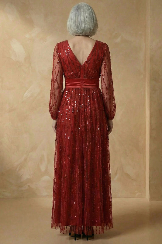 Sparkly Burgundy Sequin V Neck A Line Long Mother of the Bride Dress