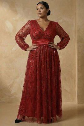 Sparkly Burgundy Plus Size V Neck Sequin A Line Long Mother of the Bride Dress