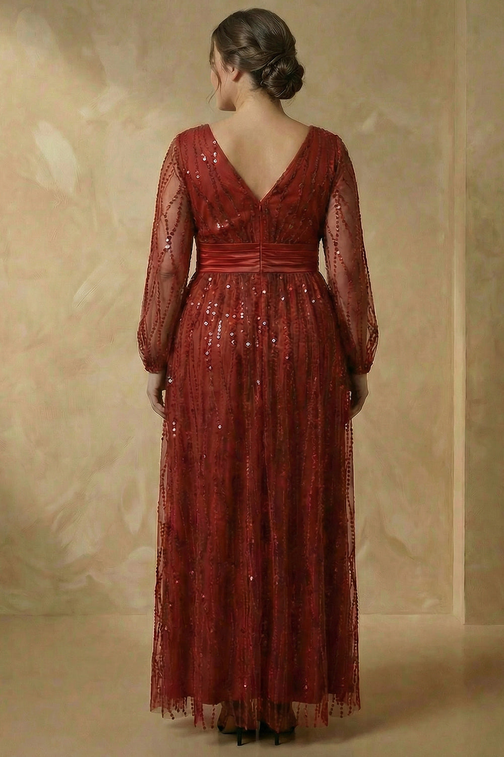 Sparkly Burgundy Plus Size V Neck Sequin A Line Long Mother of the Bride Dress