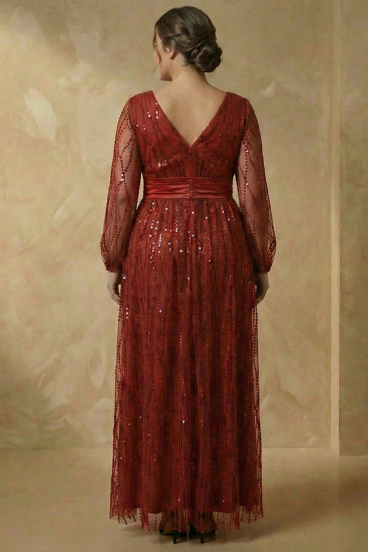 Sparkly Burgundy Plus Size V Neck Sequin A Line Long Mother of the Bride Dress