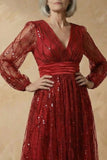 Sparkly Burgundy Sequin V Neck A Line Long Mother of the Bride Dress