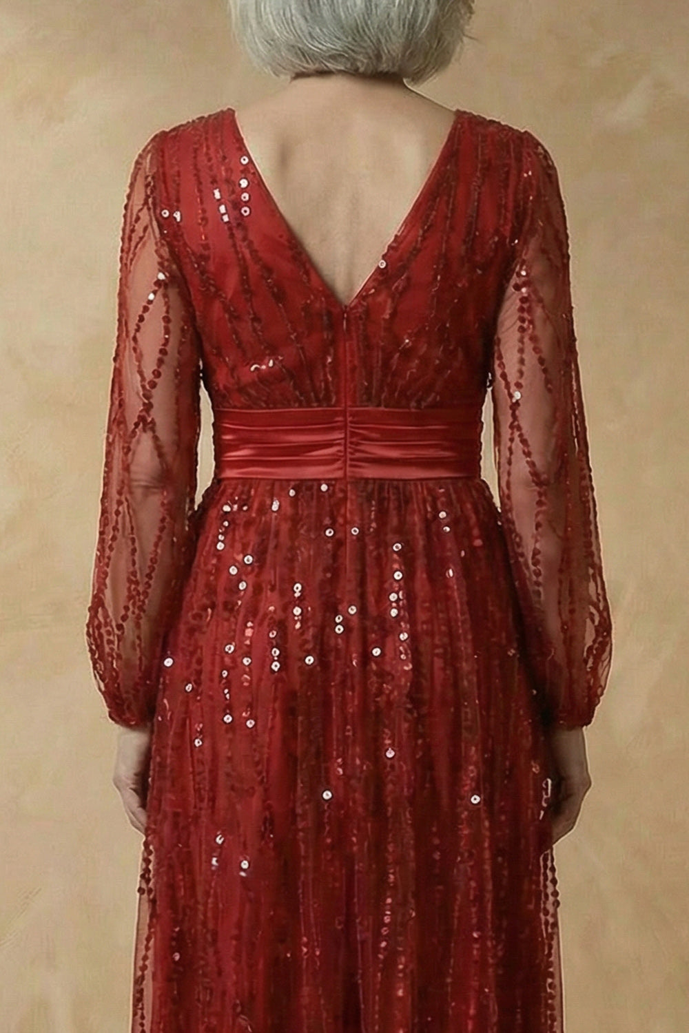 Sparkly Burgundy Sequin V Neck A Line Long Mother of the Bride Dress