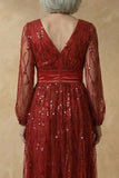 Sparkly Burgundy Sequin V Neck A Line Long Mother of the Bride Dress