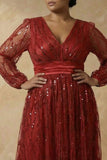 Sparkly Burgundy Plus Size V Neck Sequin A Line Long Mother of the Bride Dress