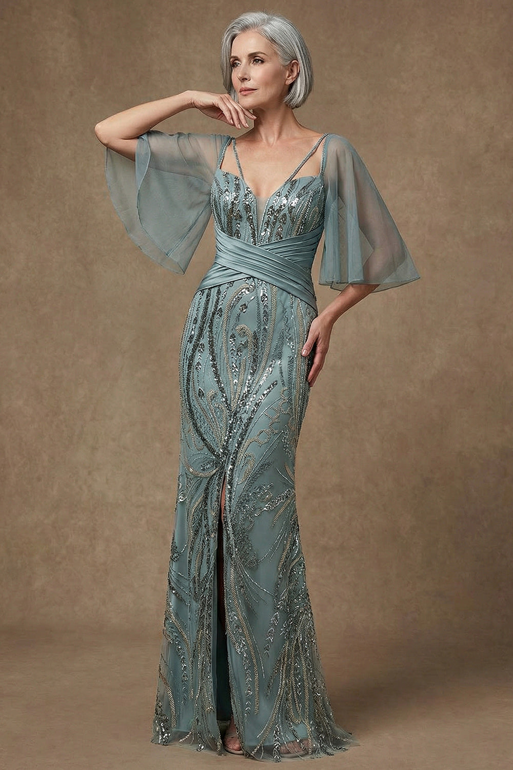 Sparkly Grey Green Sequin Appliqued Mermaid Long Mother of the Bride Dress with Slit