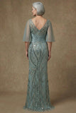 Sparkly Grey Green Sequin Appliqued Mermaid Long Mother of the Bride Dress with Slit