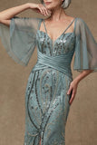 Sparkly Grey Green Sequin Appliqued Mermaid Long Mother of the Bride Dress with Slit