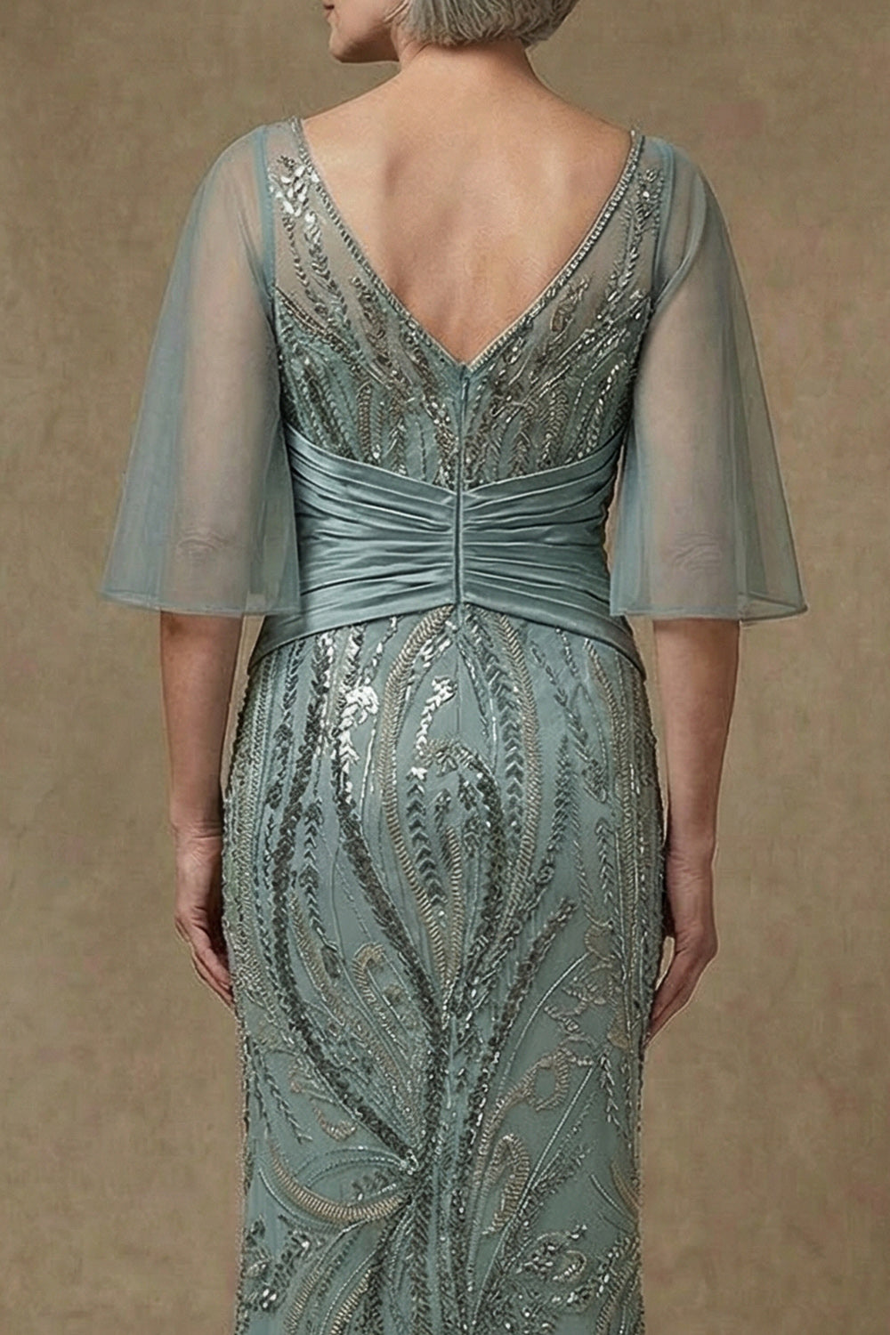 Sparkly Grey Green Sequin Appliqued Mermaid Long Mother of the Bride Dress with Slit