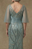 Sparkly Grey Green Sequin Appliqued Mermaid Long Mother of the Bride Dress with Slit