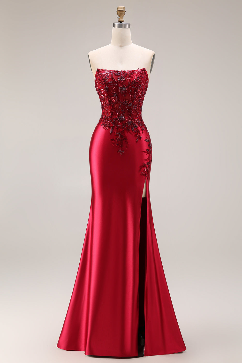 Strapless Mermaid Sparkly Drak Green Satin Beaded Long Prom Dress with Slit