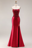 Strapless Mermaid Sparkly Drak Green Satin Beaded Long Prom Dress with Slit