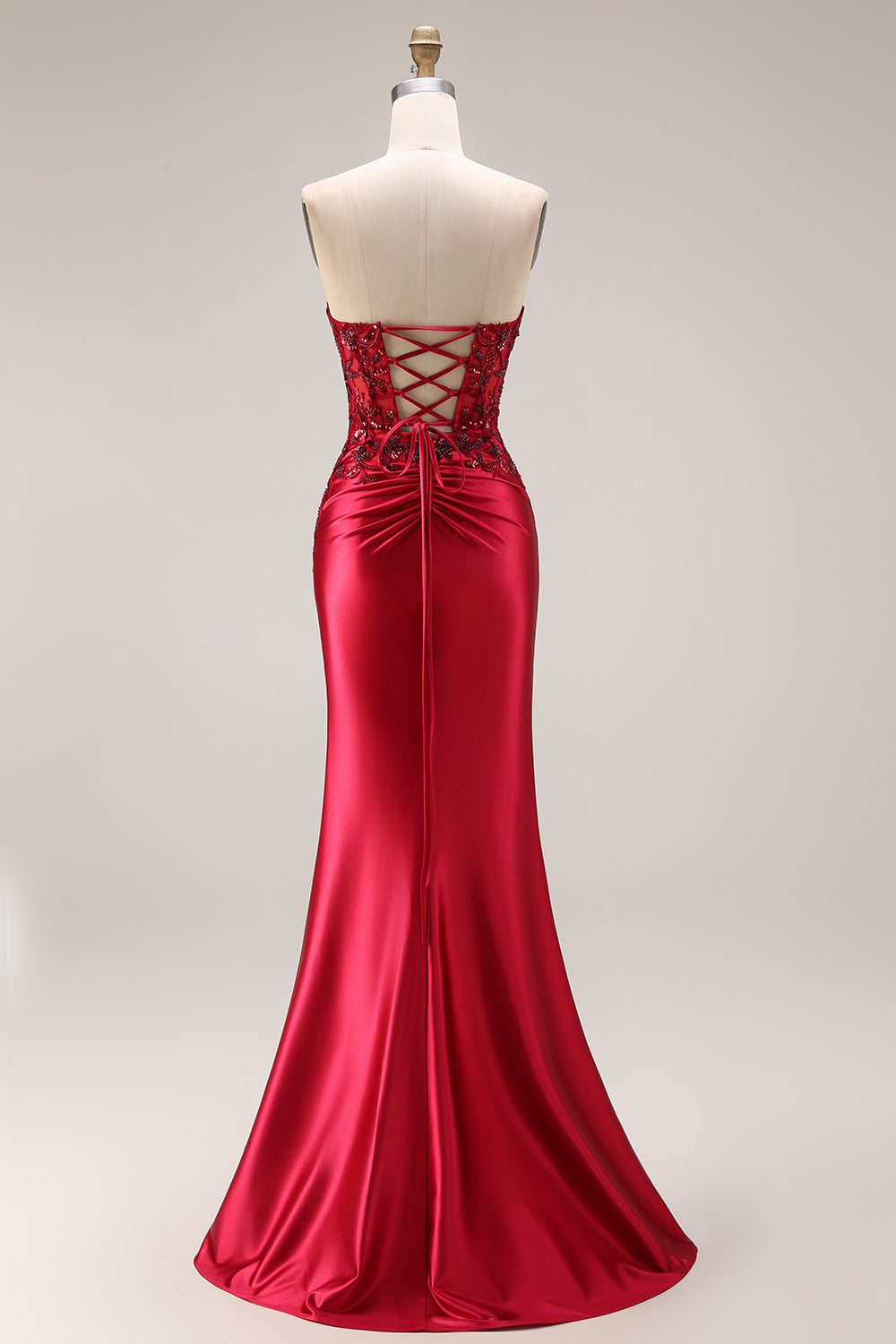 Strapless Mermaid Sparkly Drak Green Satin Beaded Long Prom Dress with Slit