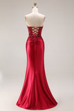 Strapless Mermaid Sparkly Drak Green Satin Beaded Long Prom Dress with Slit