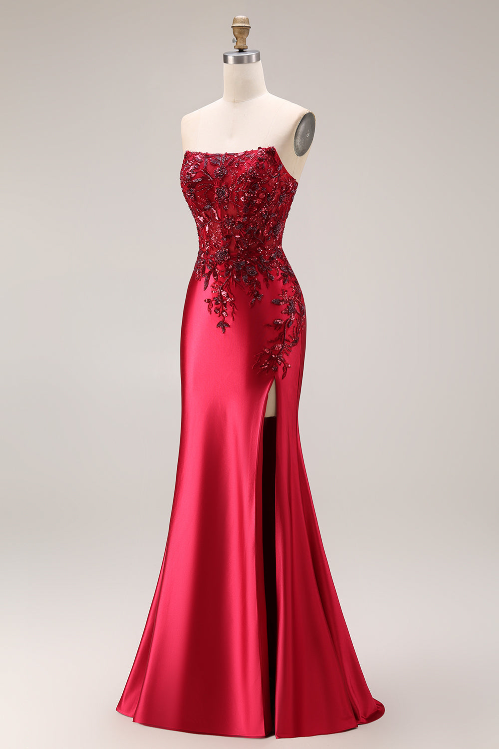 Strapless Mermaid Sparkly Drak Green Satin Beaded Long Prom Dress with Slit