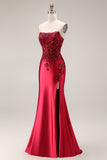 Strapless Mermaid Sparkly Drak Green Satin Beaded Long Prom Dress with Slit