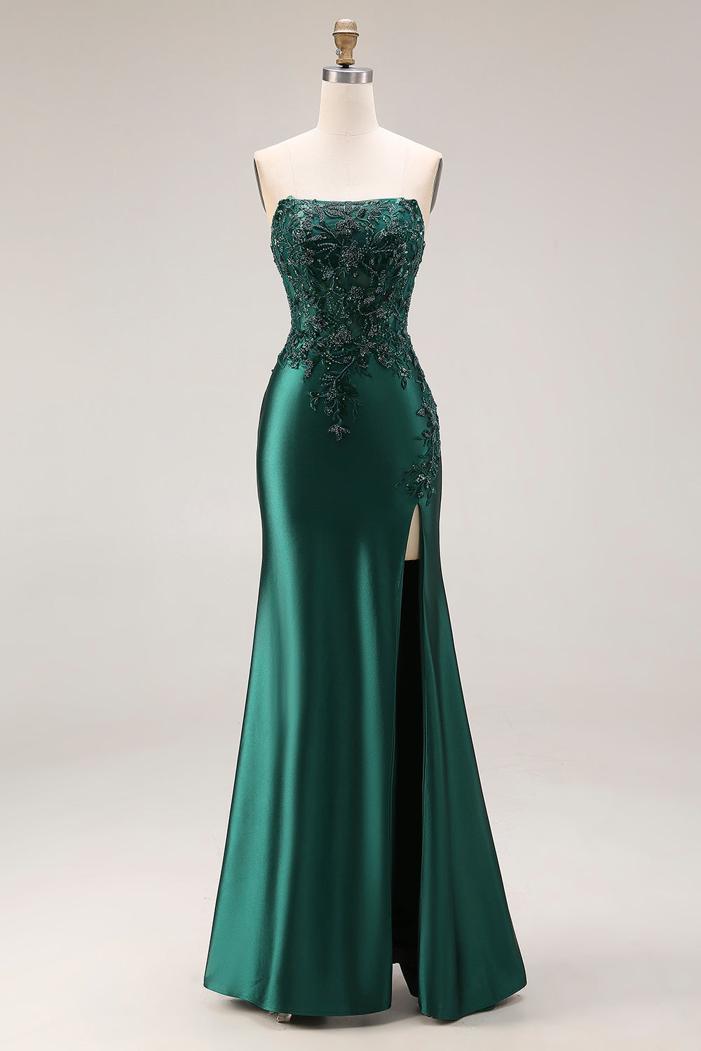 Strapless Mermaid Sparkly Drak Green Satin Beaded Long Prom Dress with Slit