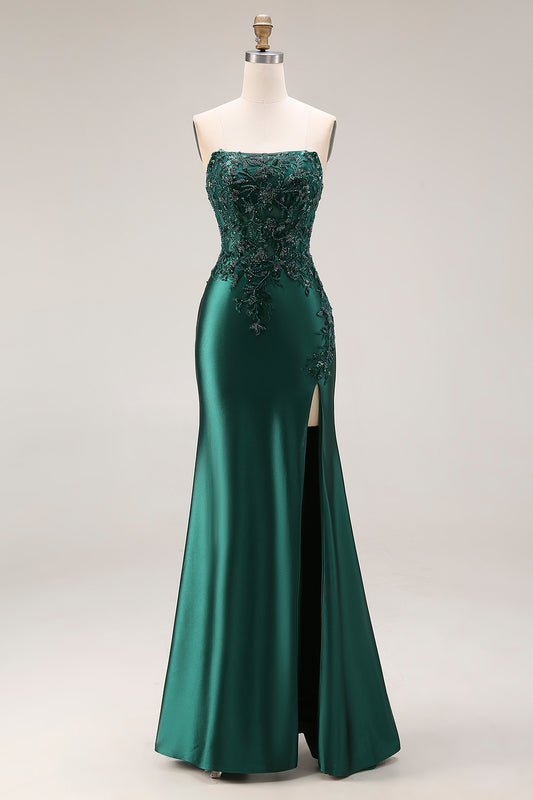 Strapless Mermaid Sparkly Drak Green Satin Beaded Long Prom Dress with Slit
