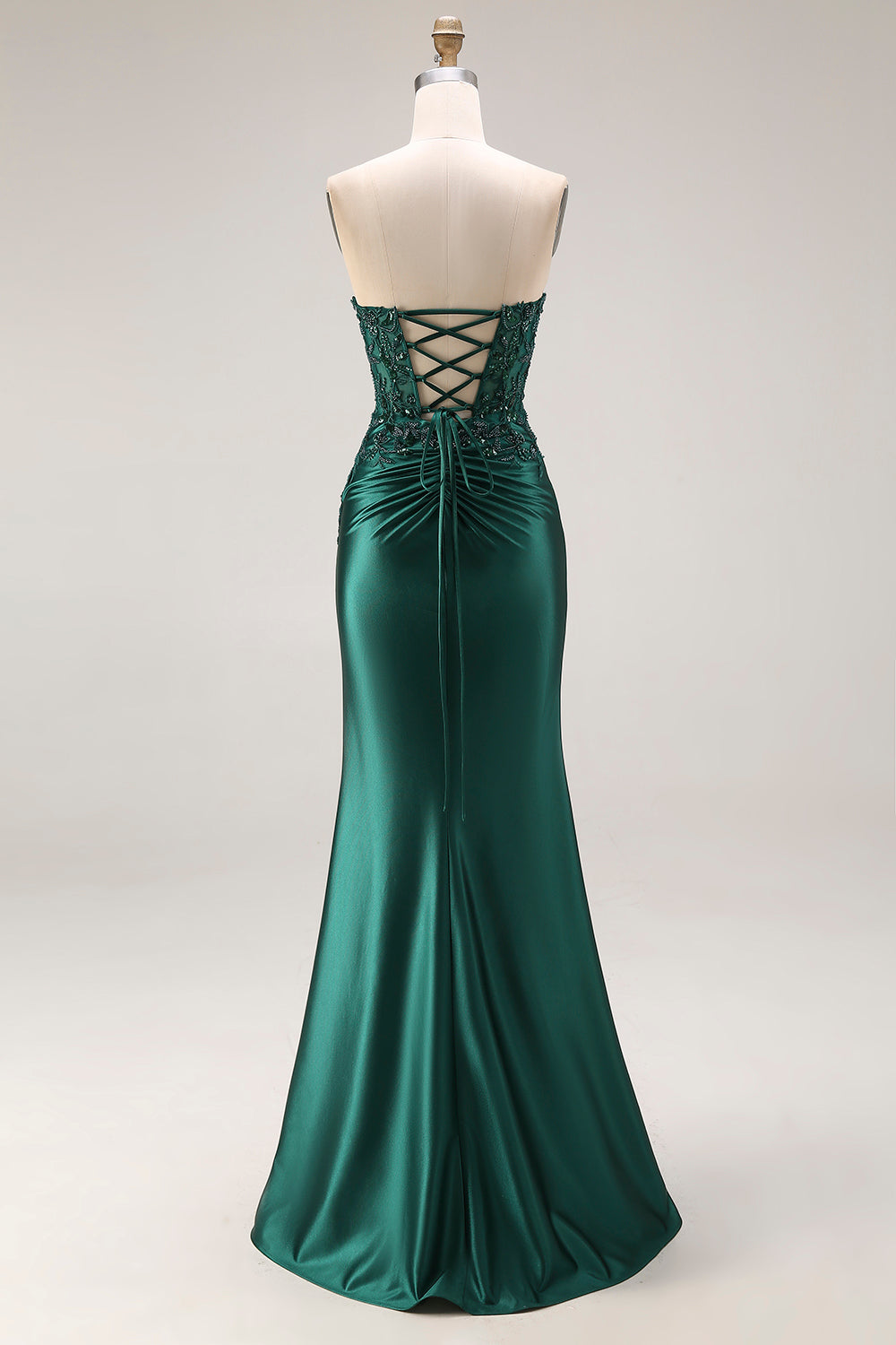 Strapless Mermaid Sparkly Drak Green Satin Beaded Long Prom Dress with Slit