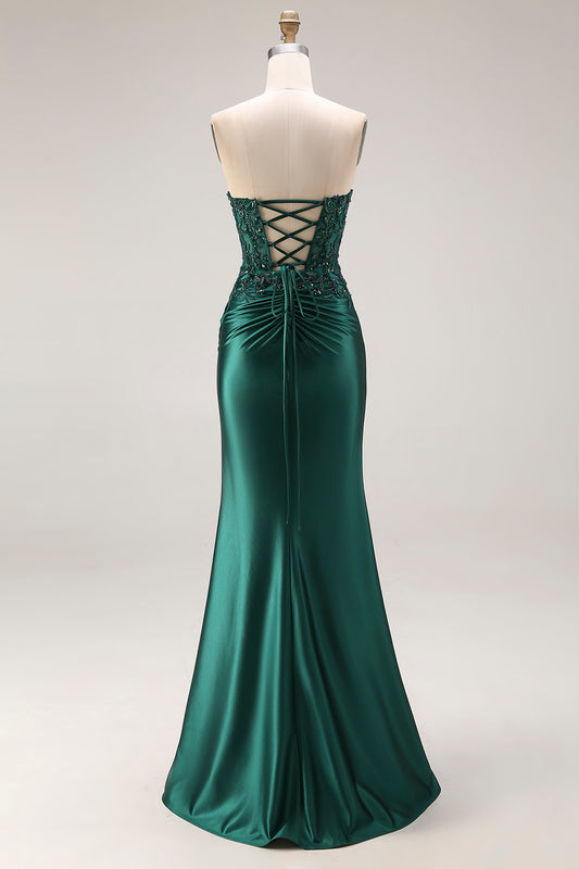 Strapless Mermaid Sparkly Drak Green Satin Beaded Long Prom Dress with Slit