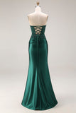 Strapless Mermaid Sparkly Drak Green Satin Beaded Long Prom Dress with Slit