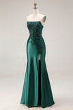 Strapless Mermaid Sparkly Drak Green Satin Beaded Long Prom Dress with Slit