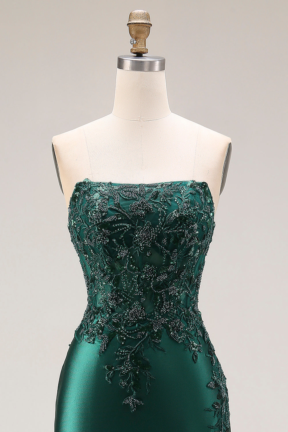 Strapless Mermaid Sparkly Drak Green Satin Beaded Long Prom Dress with Slit