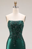 Strapless Mermaid Sparkly Drak Green Satin Beaded Long Prom Dress with Slit