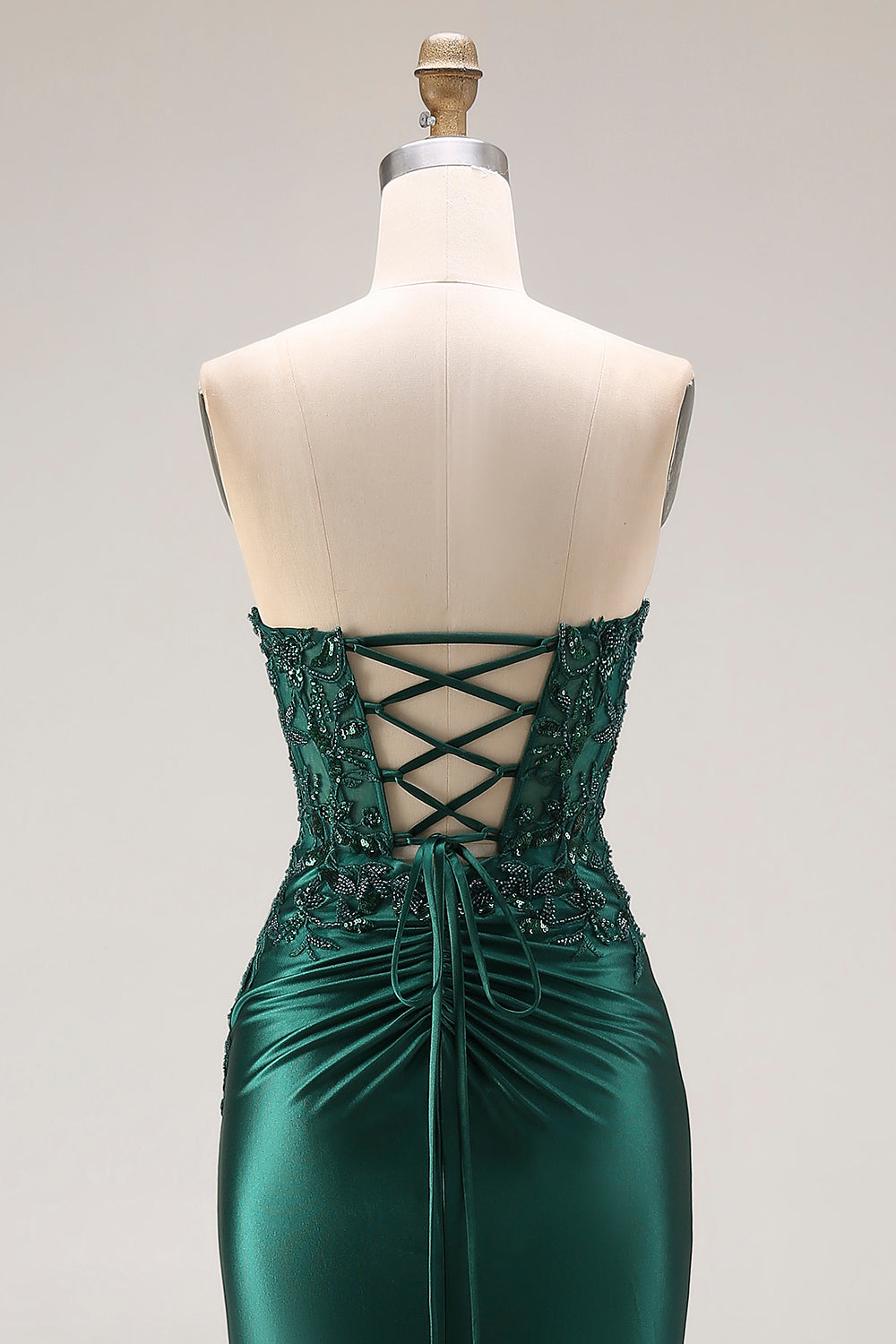 Strapless Mermaid Sparkly Drak Green Satin Beaded Long Prom Dress with Slit