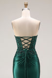 Strapless Mermaid Sparkly Drak Green Satin Beaded Long Prom Dress with Slit