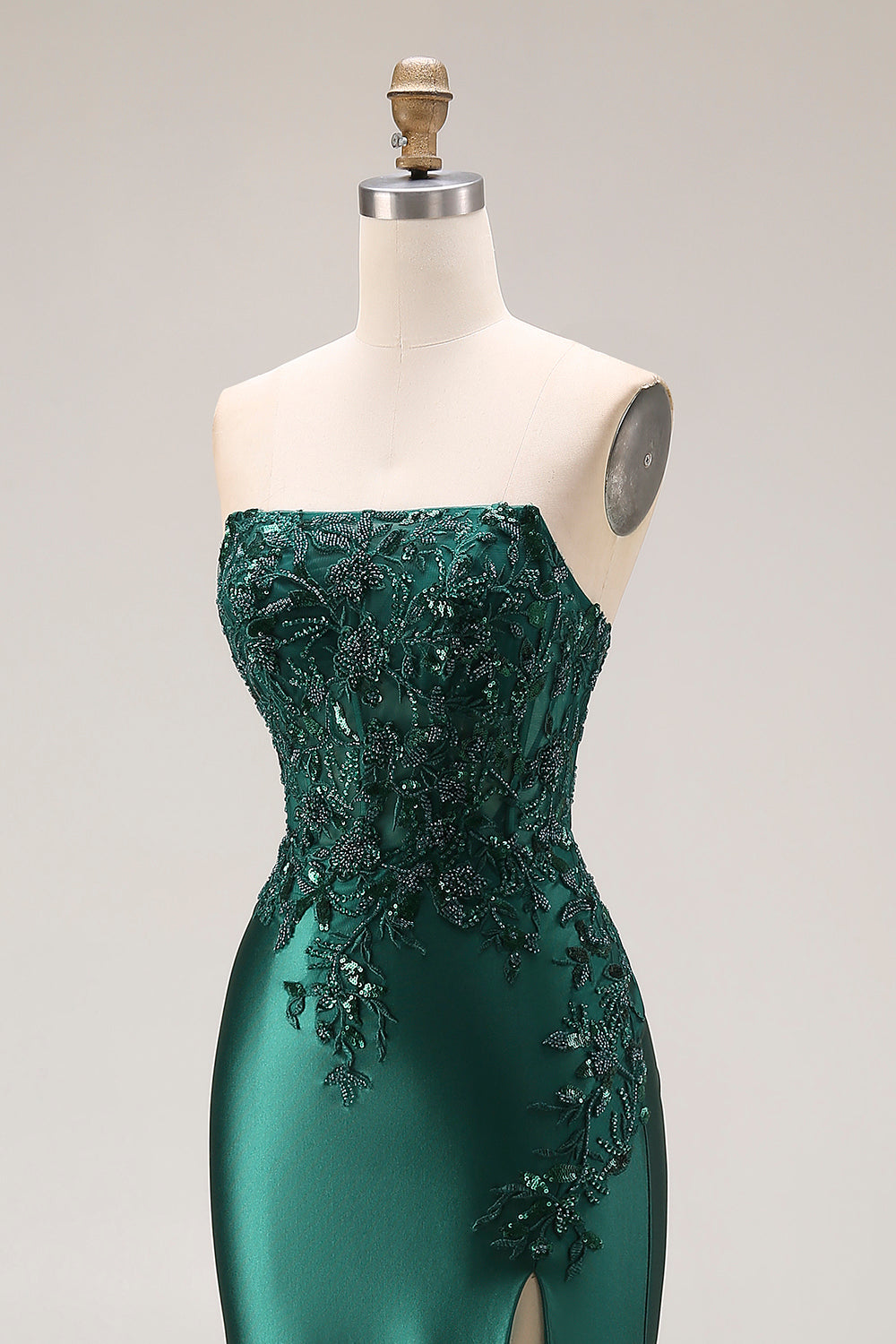 Strapless Mermaid Sparkly Drak Green Satin Beaded Long Prom Dress with Slit