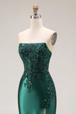 Strapless Mermaid Sparkly Drak Green Satin Beaded Long Prom Dress with Slit