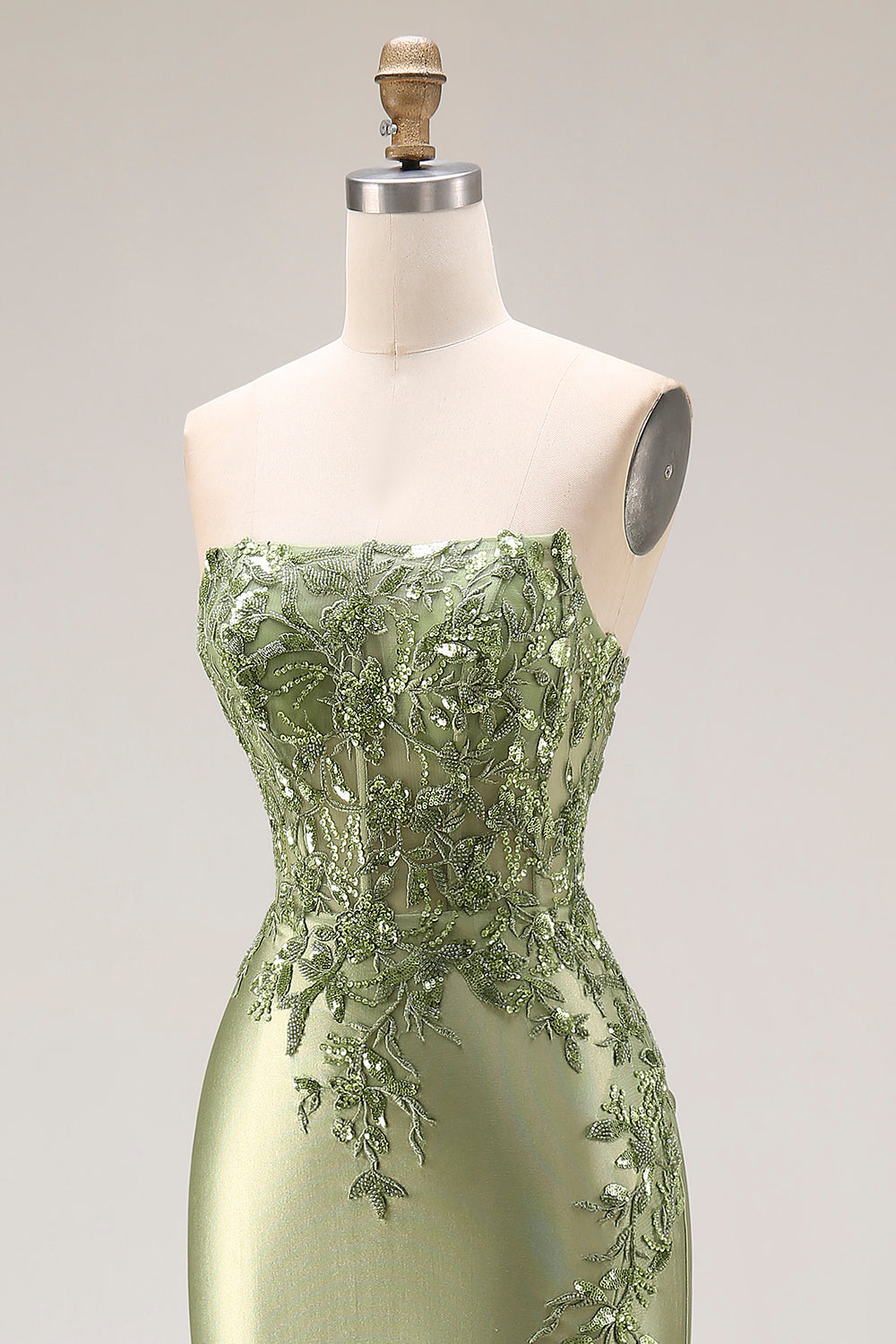 Strapless Mermaid Sparkly Drak Green Satin Beaded Long Prom Dress with Slit