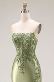 Strapless Mermaid Sparkly Drak Green Satin Beaded Long Prom Dress with Slit