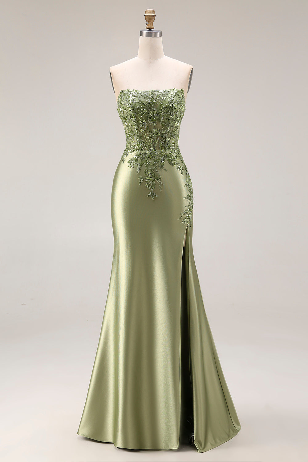 Strapless Mermaid Sparkly Drak Green Satin Beaded Long Prom Dress with Slit