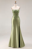 Strapless Mermaid Sparkly Drak Green Satin Beaded Long Prom Dress with Slit