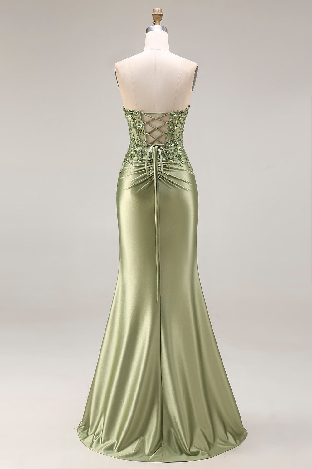 Strapless Mermaid Sparkly Drak Green Satin Beaded Long Prom Dress with Slit