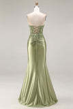 Strapless Mermaid Sparkly Drak Green Satin Beaded Long Prom Dress with Slit
