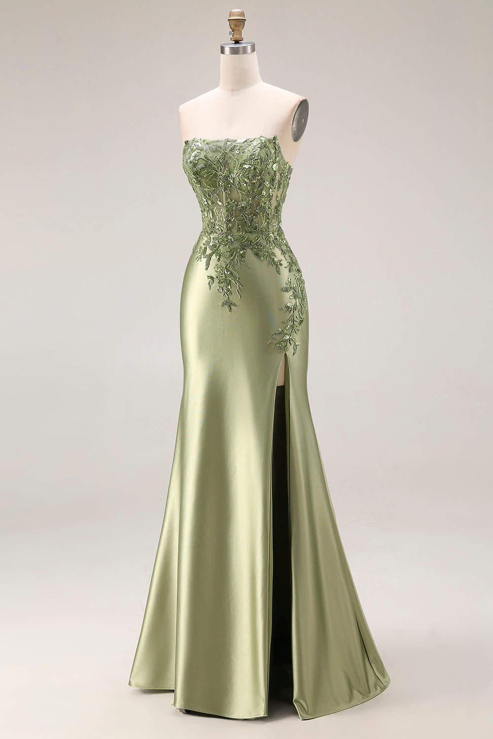 Strapless Mermaid Sparkly Drak Green Satin Beaded Long Prom Dress with Slit
