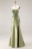 Strapless Mermaid Sparkly Drak Green Satin Beaded Long Prom Dress with Slit