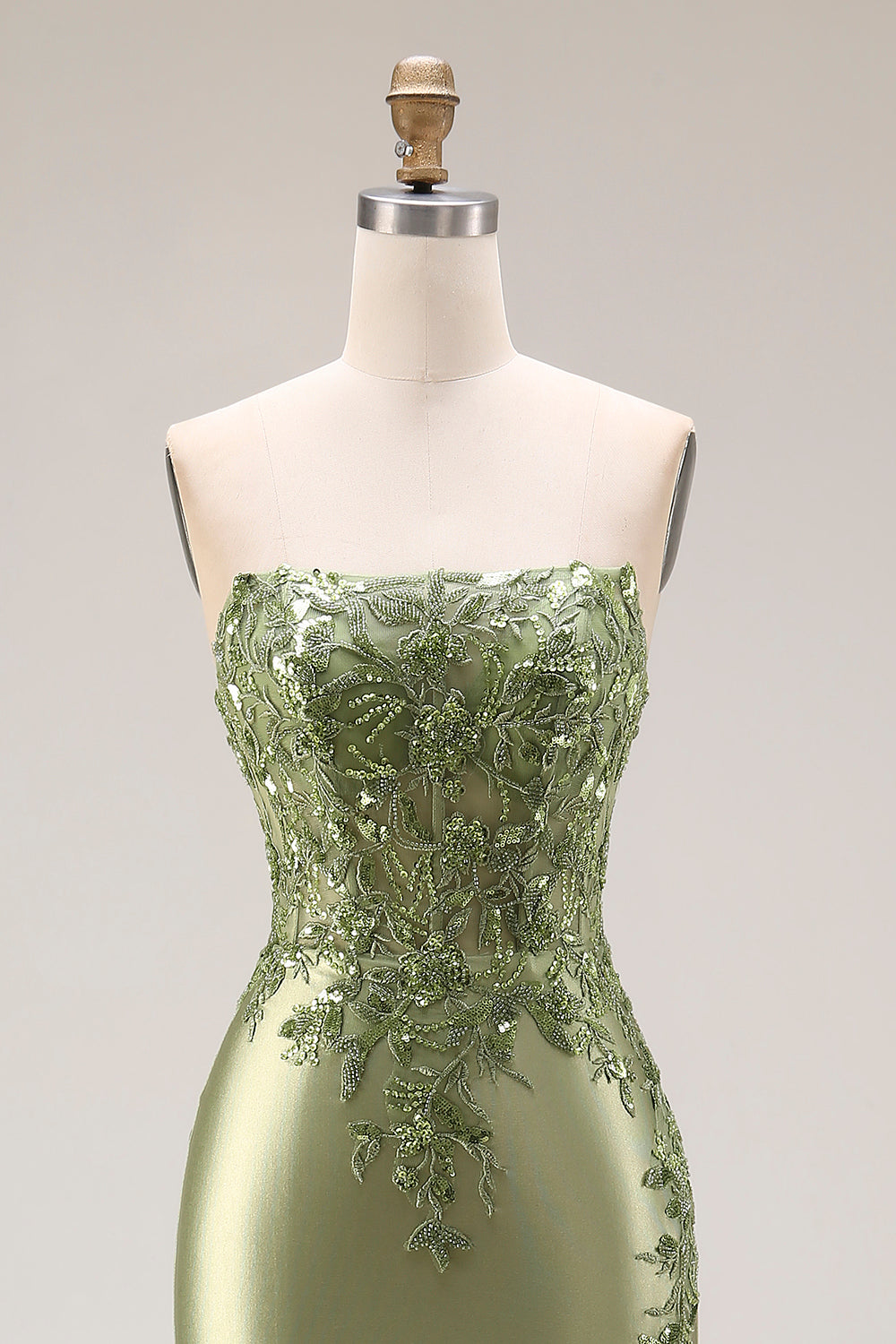Strapless Mermaid Sparkly Drak Green Satin Beaded Long Prom Dress with Slit