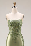 Strapless Mermaid Sparkly Drak Green Satin Beaded Long Prom Dress with Slit