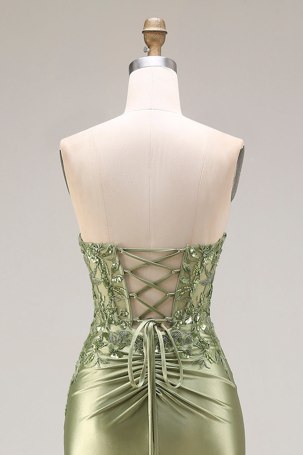 Strapless Mermaid Sparkly Drak Green Satin Beaded Long Prom Dress with Slit