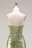 Strapless Mermaid Sparkly Drak Green Satin Beaded Long Prom Dress with Slit